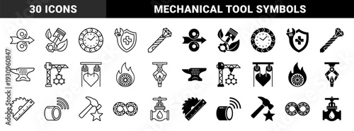 Industrial engineering hybrid concept with dual stroke and solid black glyphs featuring mechanical tools merged with organic and digital symbols