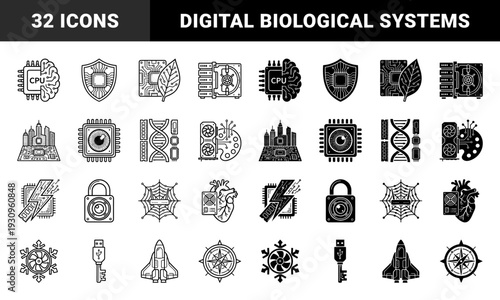 Hybrid technology and biological integration line and solid icons featuring cybernetic brain cpu dna storage and organic hardware metaphors