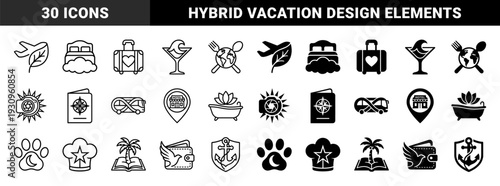 Hybrid travel and leisure icons combining transport with nature and hospitality symbols in outline and glyph styles for tourism branding