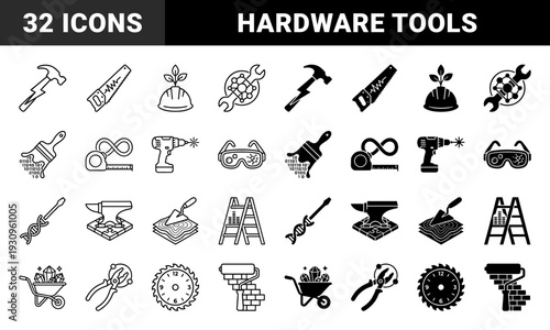 Hybrid construction tools merging manual hardware with conceptual symbols like lightning hammer dna screwdriver saw wave and infinity tape measure