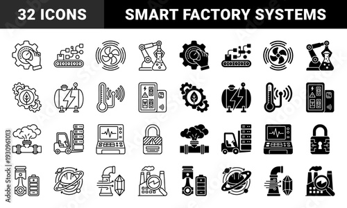 Industrial hybrid automation and manufacturing icons featuring smart factory technology energy monitoring robotic assembly and heavy machinery systems