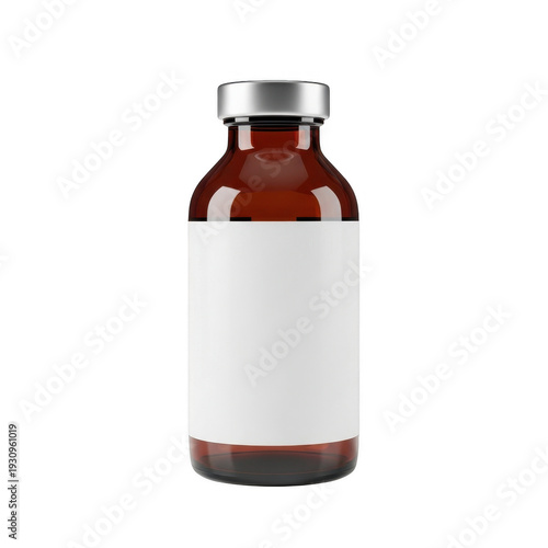 Brown glass bottle with white cap and label for pharmaceutical or cosmetic use