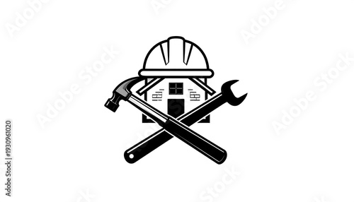 Construction and Renovation Logo Design with Tools and House.