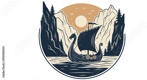 Viking ship sailing through fjord mountains at sunset.