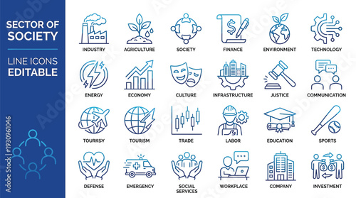 Sector of Society Line Icon Set – Editable