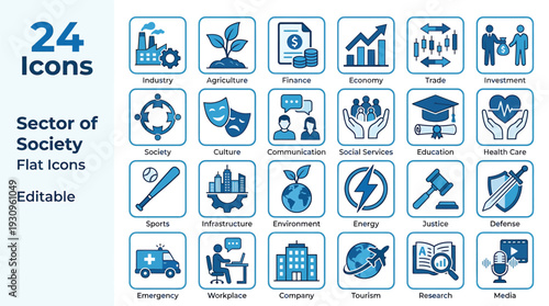 24 Sector of Society Flat Icons