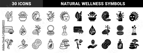 Organic Skincare and Holistic Wellness Hybrid Icons Featuring Botanical Elements Merged with Beauty Products in Dual Line and Solid Styles