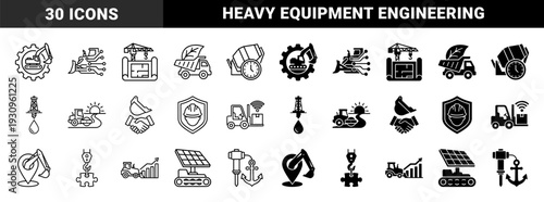 Heavy construction machinery and industrial engineering hybrid symbols merging equipment with data analytics renewable energy and smart logistics metaphors