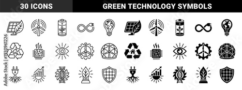 Sustainable energy hybrid icons featuring solar panel leaf wind turbine gear battery plant and globe lightbulb in outline and solid stroke styles