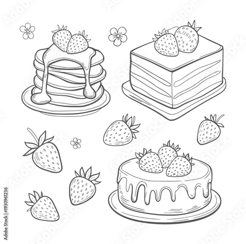 Black and white line of strawberries pancakes and cakes