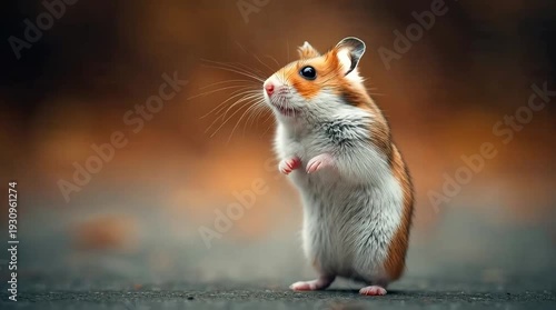 An adorable golden hamster stands alert on its hind legs, showcasing its curious nature with a gentle gaze