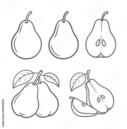 Black and white line of whole and sliced pears with leaves fruit