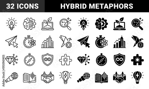 Abstract hybrid conceptual symbols merging business growth strategy and scientific innovation featuring linear and solid versions of creative metaphors