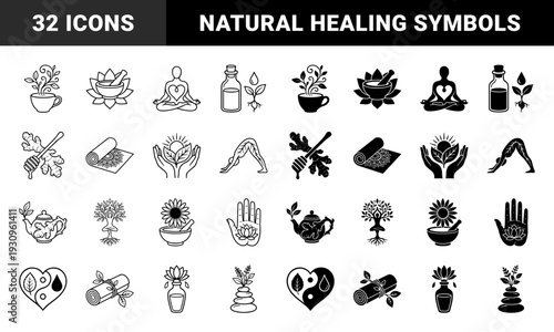 Holistic Wellness and Zen Lifestyle Symbols Merging Yoga Poses with Botanical Elements and Natural Healing Herbs in Minimalist Linear and Solid Styles