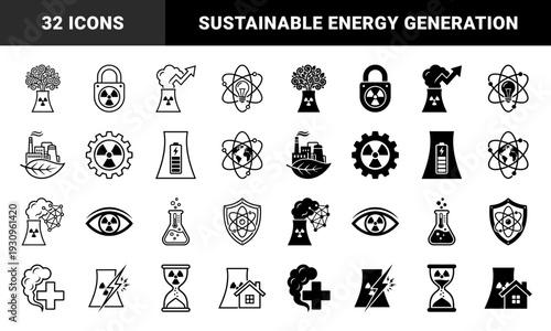 Hybrid nuclear energy and green ecology icon set featuring atomic symbols merged with nature medicine and industrial sustainability concepts