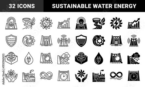 Hydroelectric power and renewable energy icons featuring dam infrastructure integrated with battery storage solar power and digital monitoring symbols