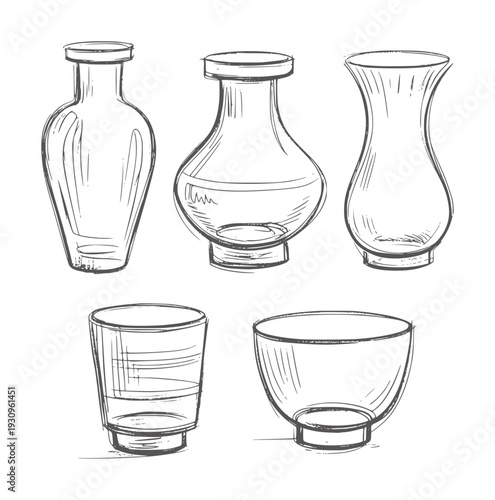 Five glass vessels in a style a white vase bottle