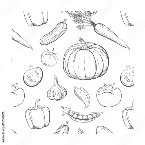 Hand drawn seamless pattern of various vegetables white food organic
