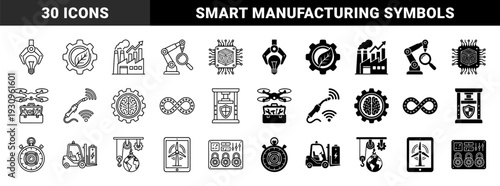 Industrial hybrid icons featuring conceptual combinations of green energy gears manufacturing robotics and smart logistics in line and solid styles