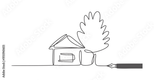Single line of a house and tree connected to a fountain pen