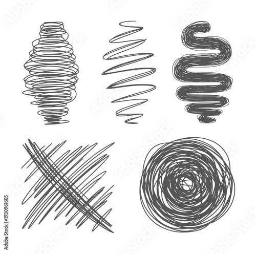 Six black and white style scribbles and swirls abstract