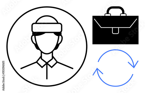 Workflow automation, task management, efficiency, business tools, career development, productivity. Minimalist of a worker, briefcase and circular arrows. Workflow automation and task management
