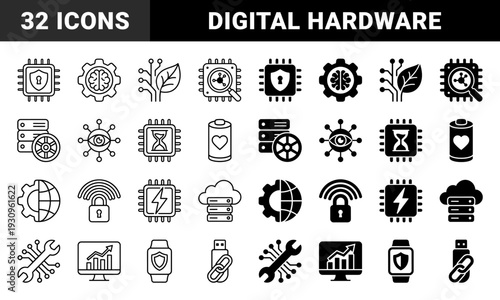 Black and white hybrid technology icon set featuring integrated circuit chips combined with security shields hourglasses and organic leaf elements