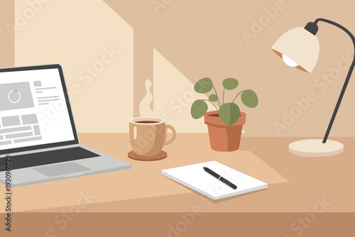 Close-up Perspective Flat Vector of a Cozy Warm Earth Tone Desk with Steaming Coffee