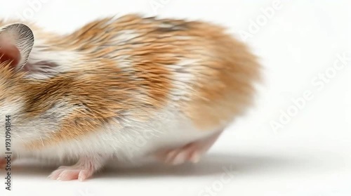 Cute fluffy small rodent with natural brown and white fur on a clean studio background
