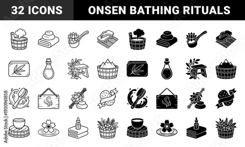 Traditional Japanese Spa and Wellness Hybrid Graphic Elements Combining Onsen Bathing Rituals with Zen Botanical Motifs and Natural Skincare Symbols