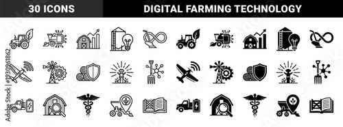 Smart Agriculture and Agritech Hybrid Icons Featuring Sustainable Farming Equipment Integrated with Digital Technology and Data Analytics Symbols
