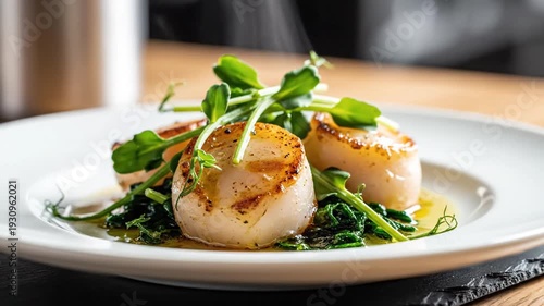Wallpaper Mural Seared scallops with green vegetables on a white plate Torontodigital.ca