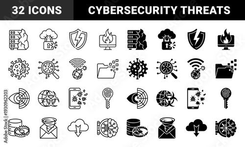 Cybersecurity threat and digital risk icons featuring hybrid metaphors like server destruction data breach malware infection and network vulnerability