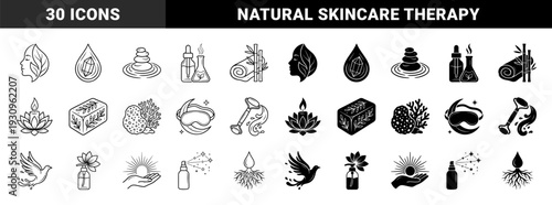 Organic wellness symbols merging botanical elements with skincare products and holistic therapy tools featuring dual stroke and solid black styles