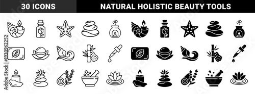 Wellness and spa therapy symbols featuring hybrid botanical elements merged with aromatherapy objects using a dual outline and solid black silhouette style