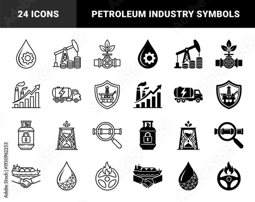 Petroleum industry and energy resource management icons featuring hybrid designs merging oil drops with gears and hourglasses with drilling rigs in outline and solid styles