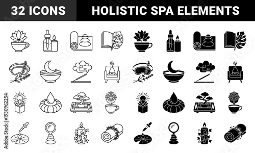 Minimalist wellness and zen lifestyle hybrid icons featuring lotus tea cups aromatherapy diffusers meditation mats and botanical self care elements