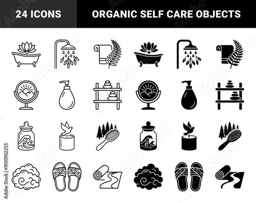 Wellness and spa hybrid symbols merging natural elements with self care objects featuring lotus bath shower leaves and zen stone balance