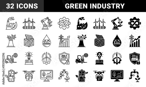 Sustainable industrial manufacturing and green logistics symbols featuring hybrid eco technology and renewable energy production in dual outline and solid styles