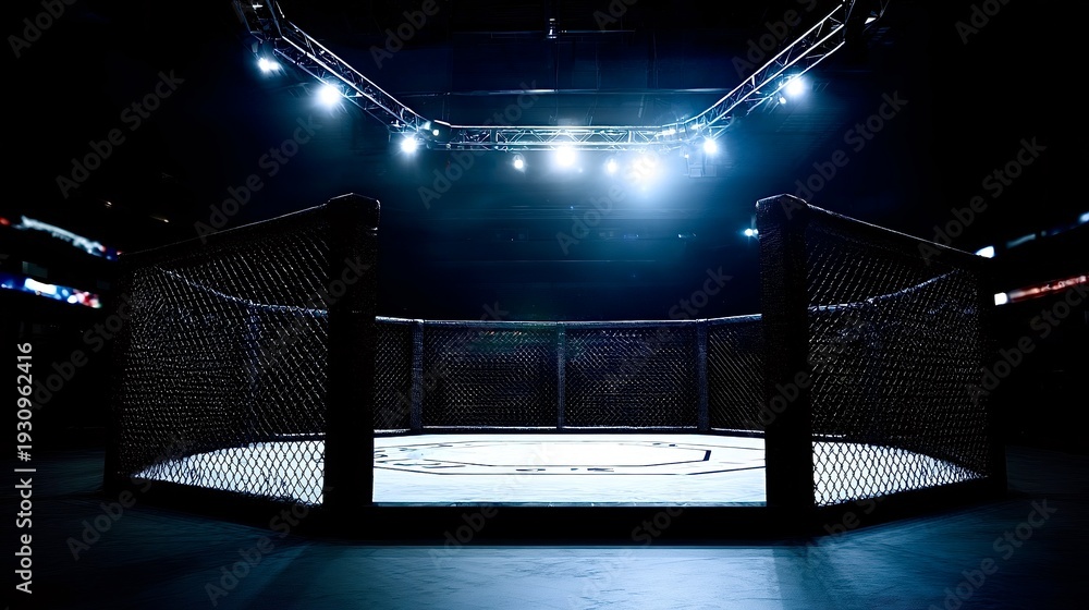 Fototapeta premium Empty mma fighting octagon cage with spotlights