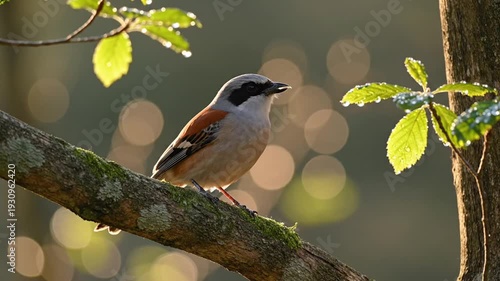 Wallpaper Mural Shrike bird perched on mossy branch in golden morning light Torontodigital.ca