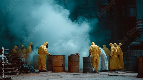 Hazmat team managing toxic waste pollution disaster scene
