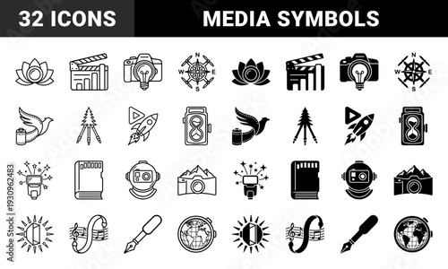 A creative collection of hybrid photography and cinematography symbols merging camera equipment with nature elements and abstract media concepts in line and solid styles