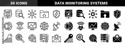 Hybrid digital security and data monitoring symbols featuring integrated biometric scanning network infrastructure and encrypted cloud storage assets