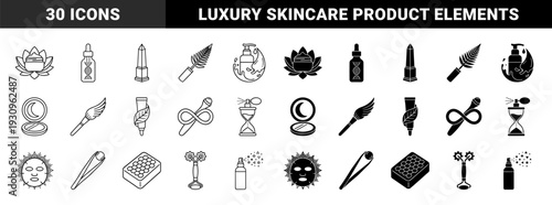 Luxury skincare and wellness icons merging cosmetic products with organic elements like lotus flowers ferns wings and celestial symbols in outline and solid styles
