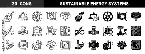 Industrial hybrid symbols merging mechanical engineering with ecological sustainability featuring water filtration systems and renewable energy concepts