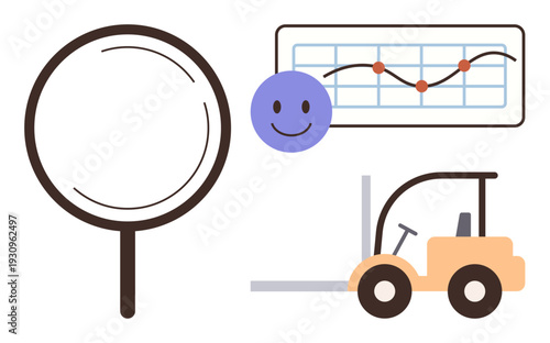 Logistics, data analysis, supply chain, productivity, workflow, efficiency. A magnifying glass, happy face forklift and chart . Logistics and data analysis efficiency concept