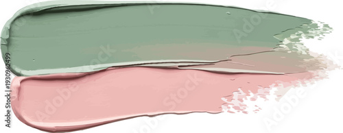 Cosmetic color swatches show green corrector and pink blush texture.