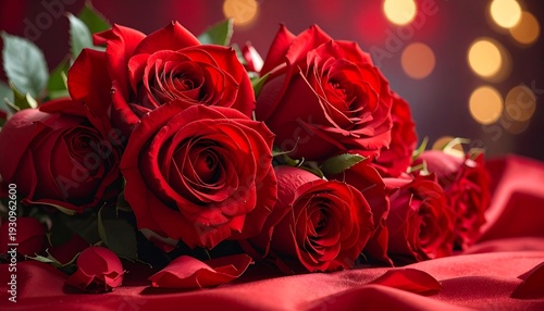 Romantic Red Roses Bouquet on Silk with Bokeh Lights.