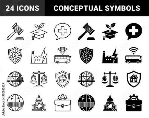 Hybrid conceptual symbols merging law education finance and infrastructure featuring outline and solid styles for diverse global industry representation
